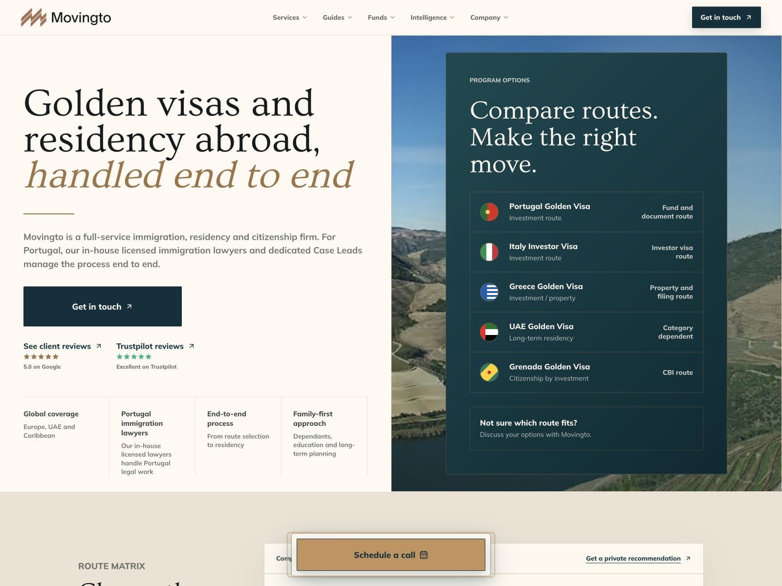 Movingto residency platform showing route comparison and end-to-end guidance