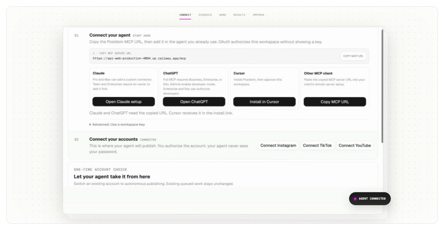 Postdom workspace for connecting an AI agent and social accounts